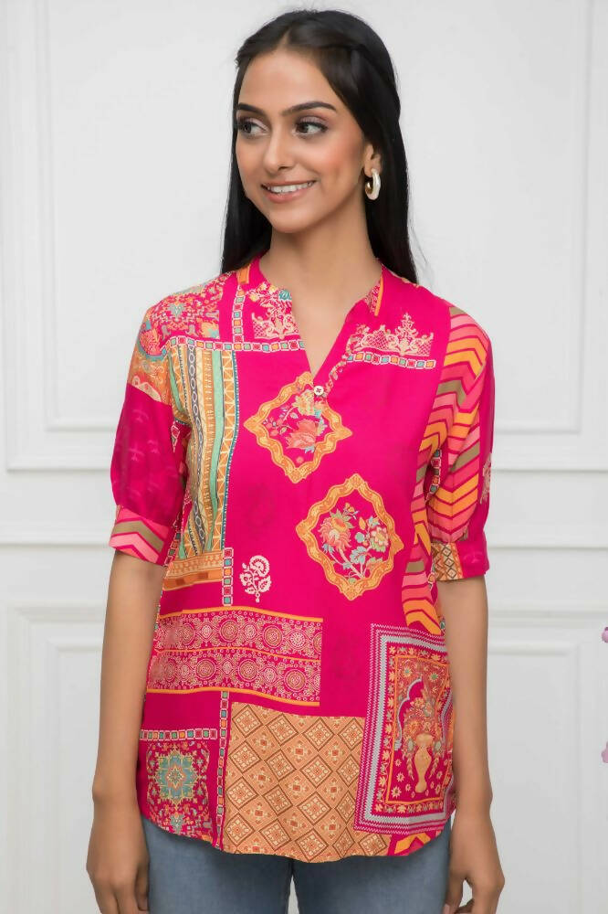 Myshka Women Red Floral Mandarin Collar Regular Sleeves Viscose Rayon Top | Grocsy