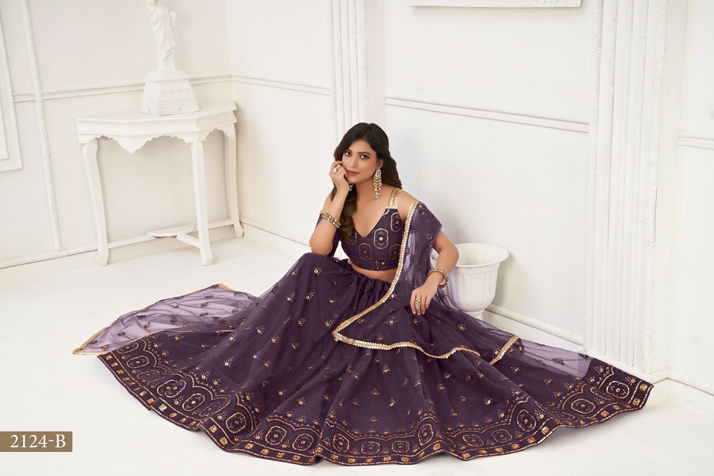 Eilara Women'S Dusty Wine Butterfly Net With Tone Thread Work And Sandwich Embroidered Work Lehenga Choli For Wedding | Grocsy