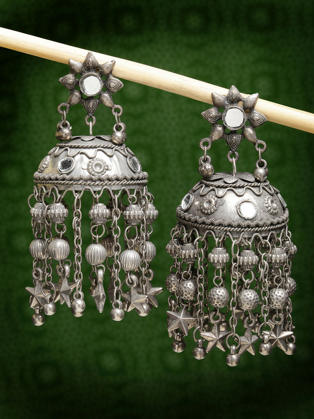 NVR Women's Silver Plated Mirror Work Oxidised Contemporary Jhumka Earrings | Grocsy