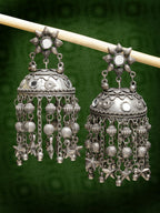 NVR Women's Silver Plated Mirror Work Oxidised Contemporary Jhumka Earrings | Grocsy