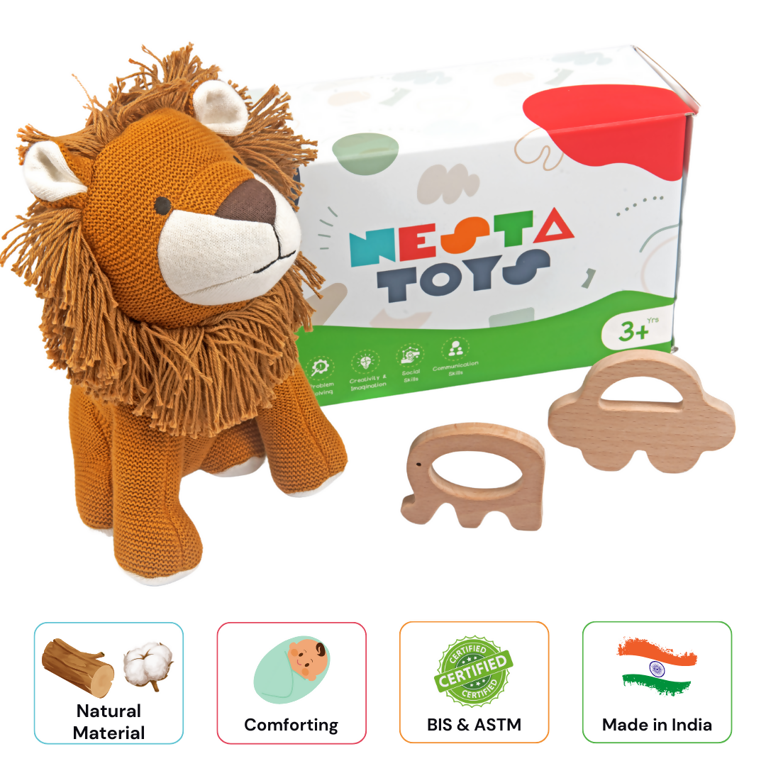 Nesta Toys Newborn Gift Set - Lion Plush Toy, Wooden Elephant & Car Teether | Grocsy