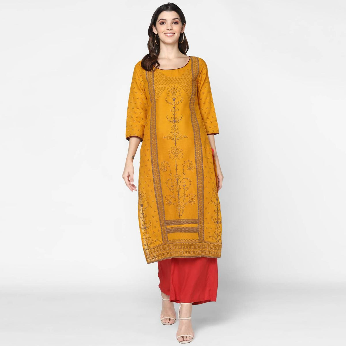 Cheera Hand Block Print Mustard & Red Straight Kurta With Palazzo (MAAI-071K) | Grocsy