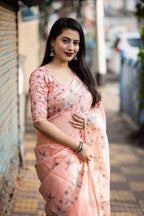 Pink Pure Linen Ethnic Motifs Saree with Unstitched Blouse - A2M | Grocsy
