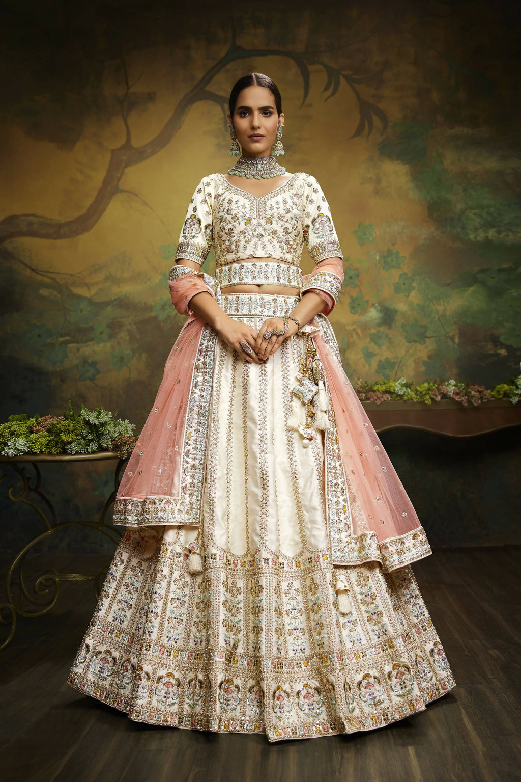 House of Panchhi Off White Pure Silk Moti & Zarkan heavy embroidery Lehenga choli & Dupatta | Grocsy