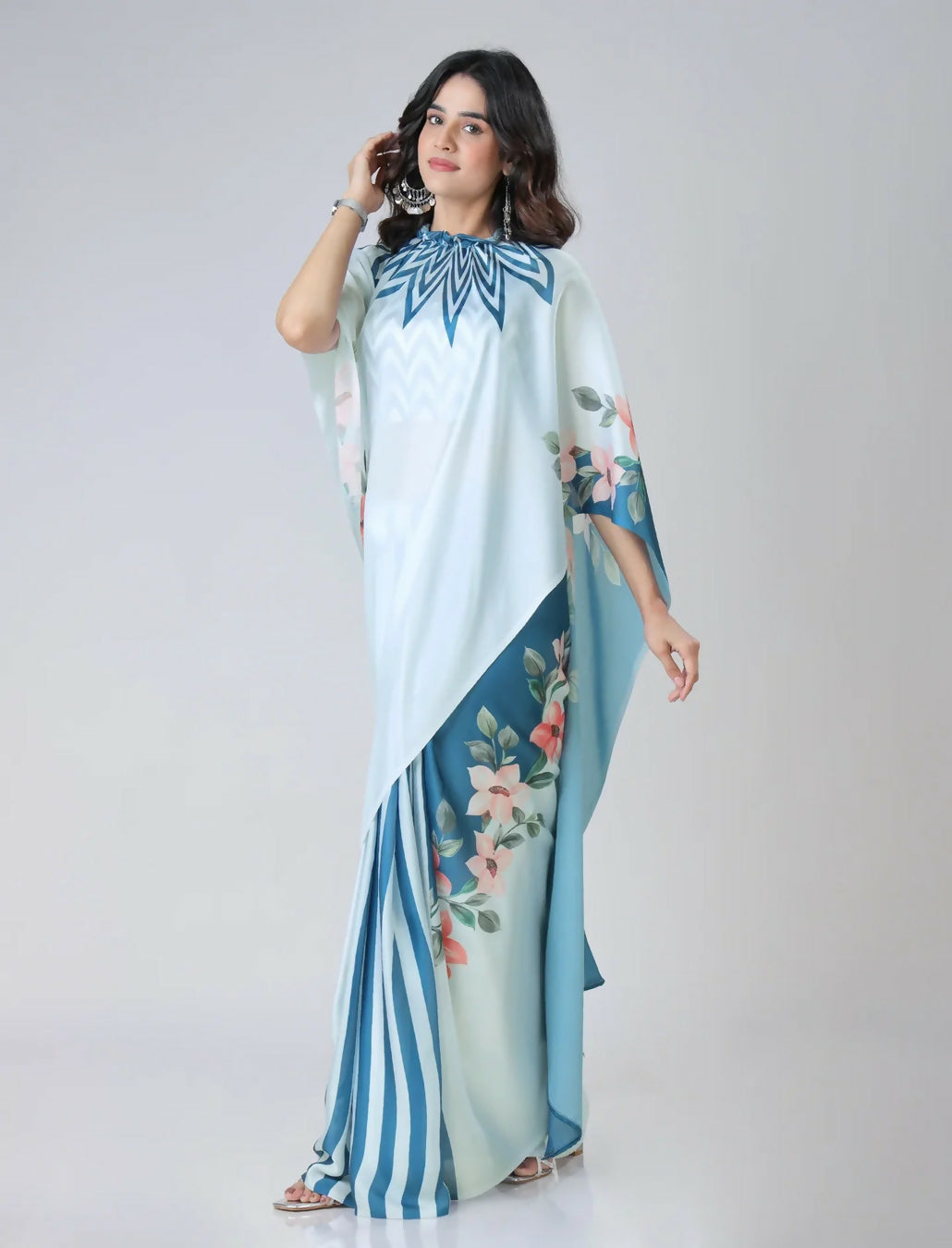 Vastranavya Icy Blue Freehand with Navy Starburst & Floral Print Ready to Wear Saree | Grocsy