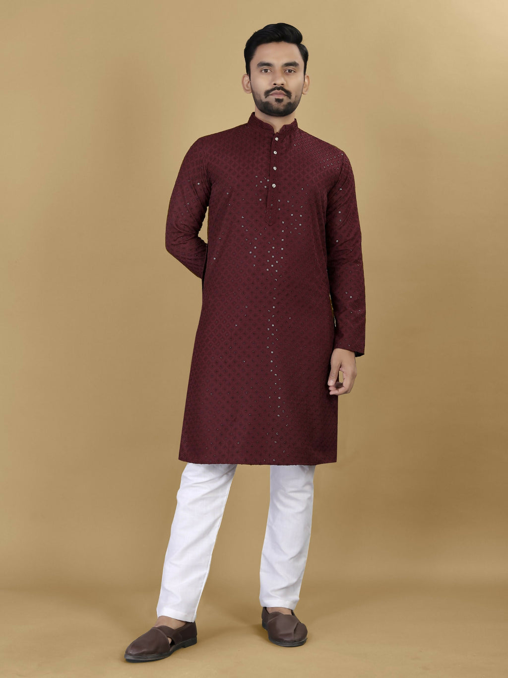 Anaita Maroon Embroidered Rayon Straight Kurta | Grocsy