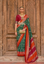 Green Silk Abstract Printed Saree With Unstitched Blouse Piece - Aanchal | Grocsy