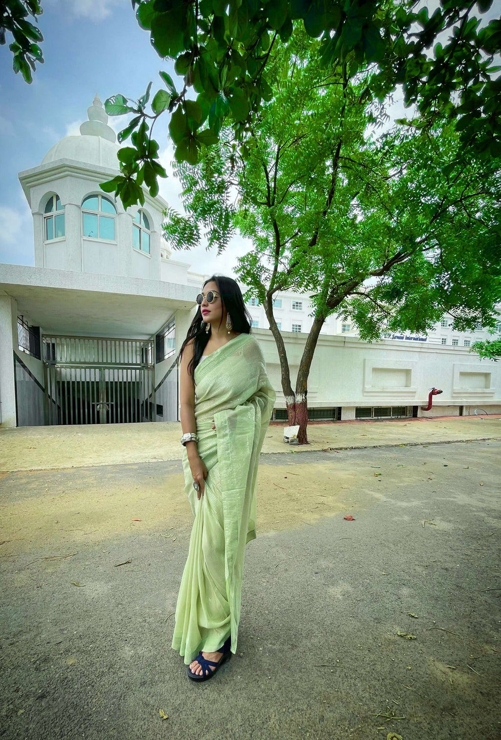 Vamsee Solid Color Sea Green Georgette Saree | Grocsy