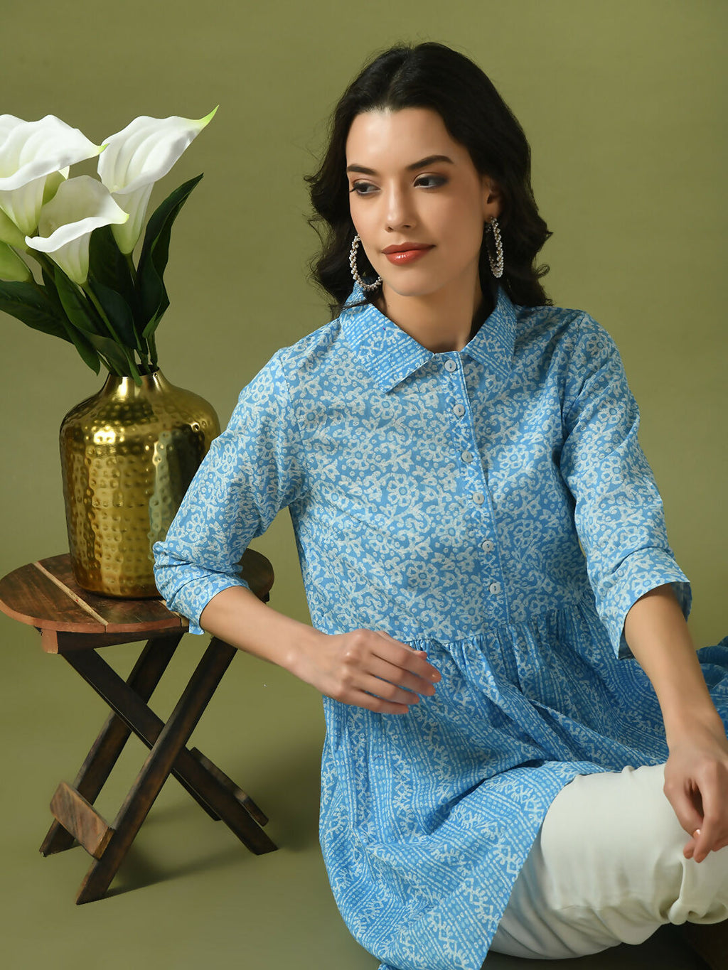 Myshka Women's Blue Embellished Cotton Gathered Party Empire Top | Grocsy