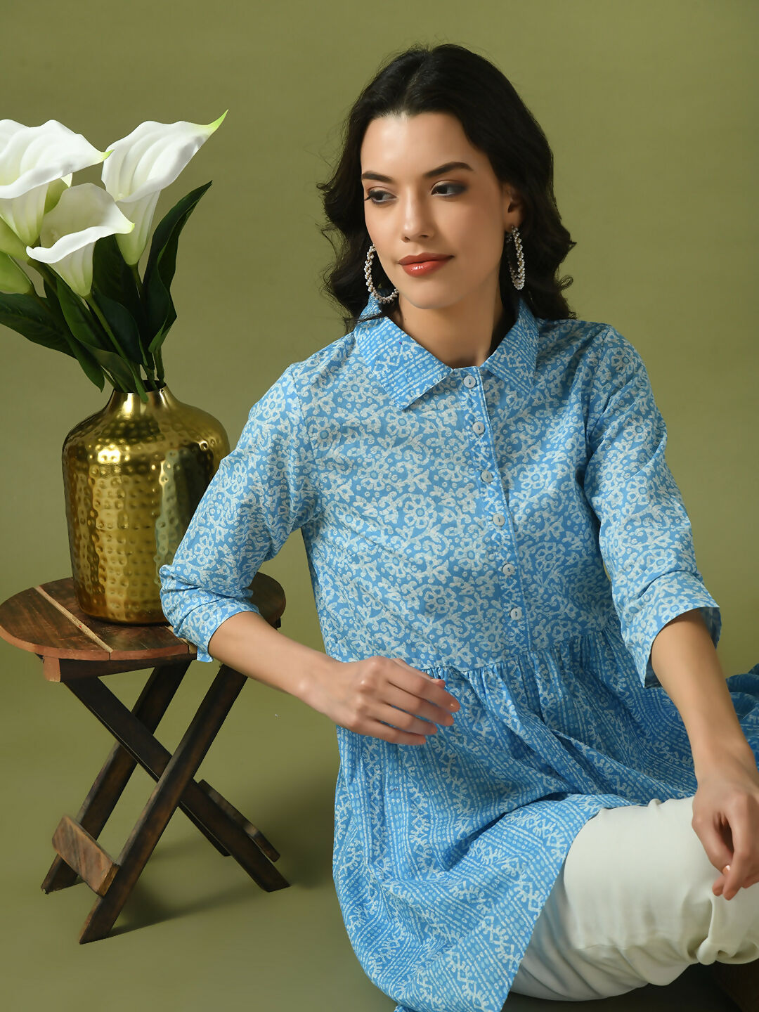 Myshka Women's Blue Embellished Cotton Gathered Party Empire Top | Grocsy