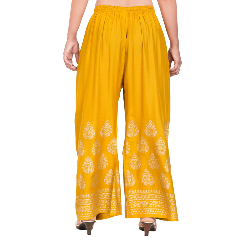 PAVONINE Mustard Color Golden Printed Rayon Fabric Sharara For Women & Girls | Grocsy