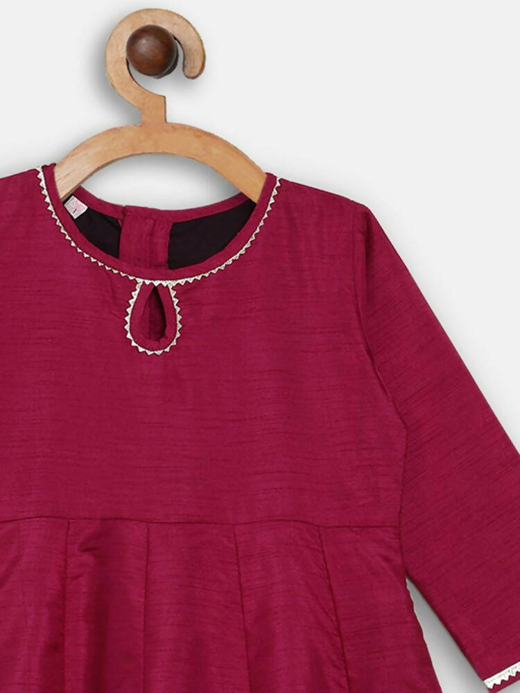 Ahalyaa Wine Poly Silk Curved Kids Kurta Palazzo Set With Bottom For Girls | Grocsy