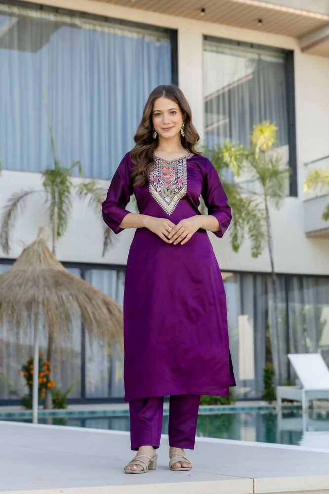 The52 Women's Gorgeous Embroidery Work Chanderi Cotton Fabric Straight Kurta Pant and Dupatta Set | Grocsy