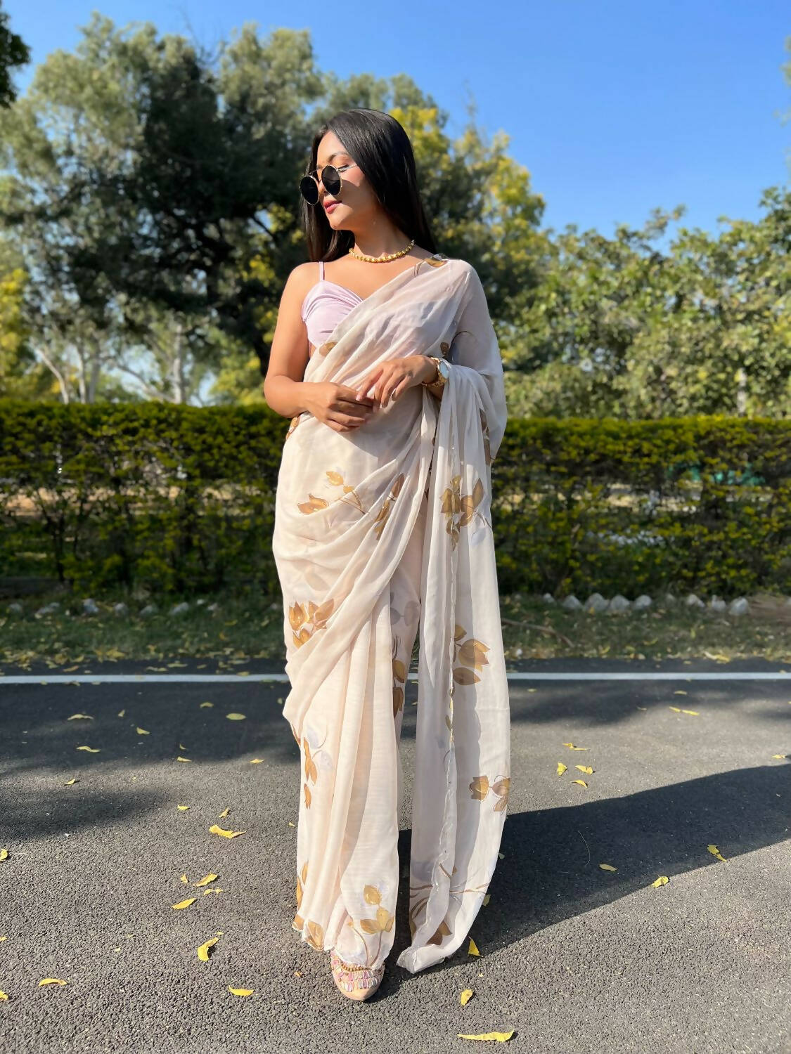 Vamsee Cream Chiffon Designer Saree | Grocsy