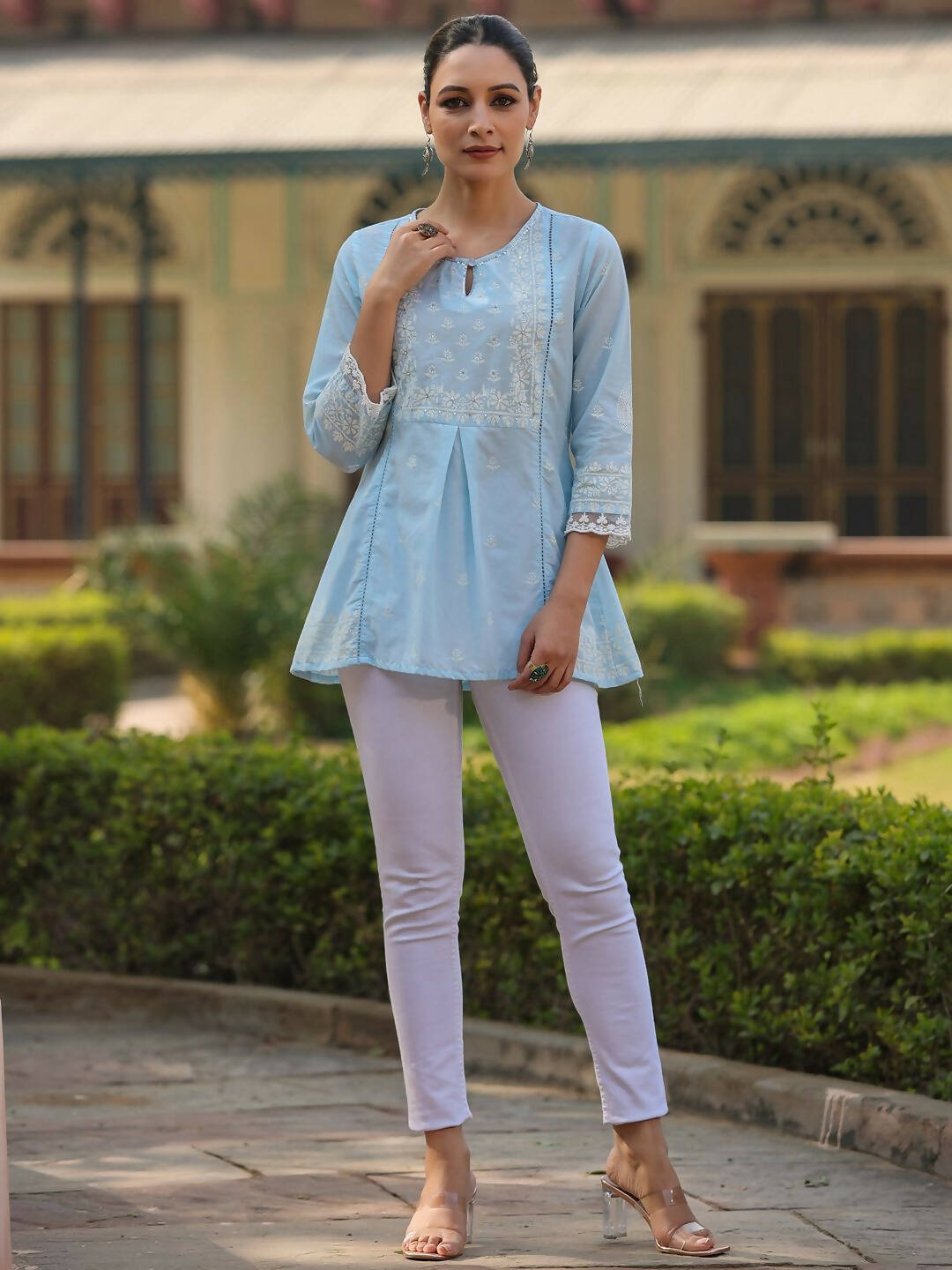 Juniper Women's Powderblue Cambric Floral Printed Tunic | Grocsy