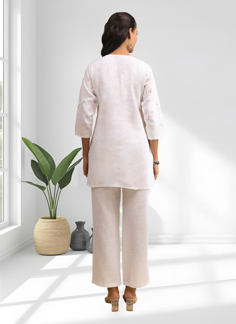 Joban Fashion Off White Linen Embroidered Readymade Cord Set | Grocsy