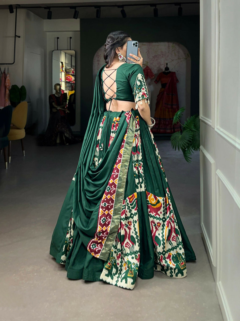Vastranavya Navaratri Special Rayon with Printed Silk Lehenga with Stitched Choli - Green | Grocsy