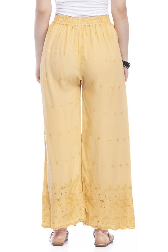 Mominos Fashion Reyon Cotton Dark Golden Embroidery Chikan Palazzo | Grocsy