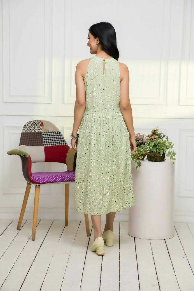 Myshka Women Ethnic Motifs Rayon A-Line Round Neck Green Dress | Grocsy