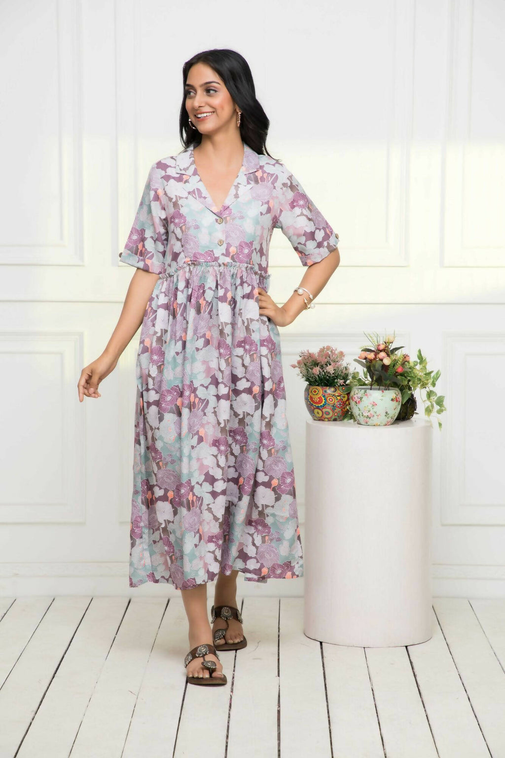 Myshka Women Multi-Floral Rayon A-Line V-Neck Dress | Grocsy
