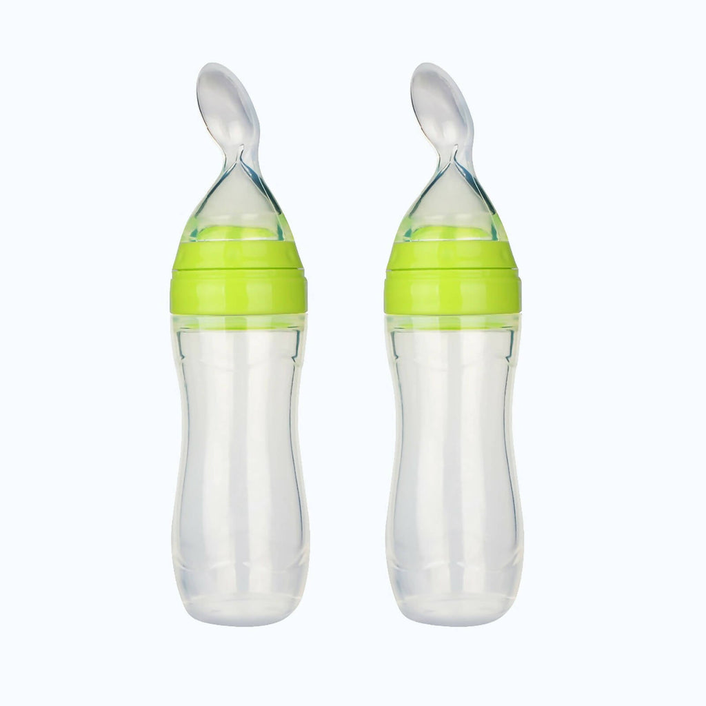 Safe-O-Kid Easy Set of 2 Squeezy Silicone Food Feeder Spoon (Soft Tip) Bottle- Green- 90mL | Grocsy