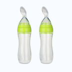 Safe-O-Kid Easy Set of 2 Squeezy Silicone Food Feeder Spoon (Soft Tip) Bottle- Green- 90mL | Grocsy