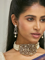 Nuyug 22K Gold-Plated Cubic Zirconia Studded & Pearl Beaded Necklace Set | Grocsy