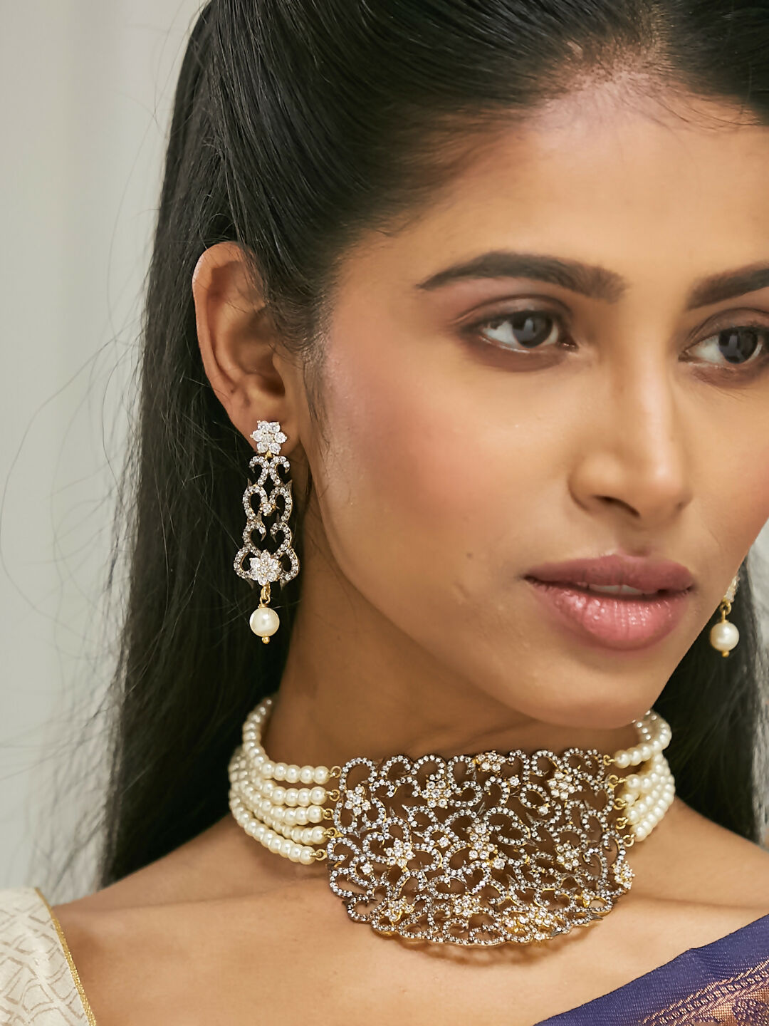 Nuyug 22K Gold-Plated Cubic Zirconia Studded & Pearl Beaded Necklace Set | Grocsy