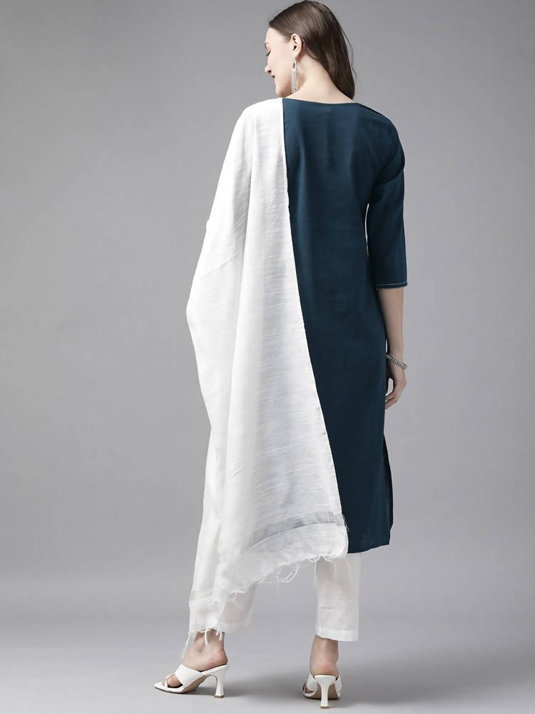 Yufta Women Blue And White Embroidered Kurta with Trouser & With Dupatta | Grocsy