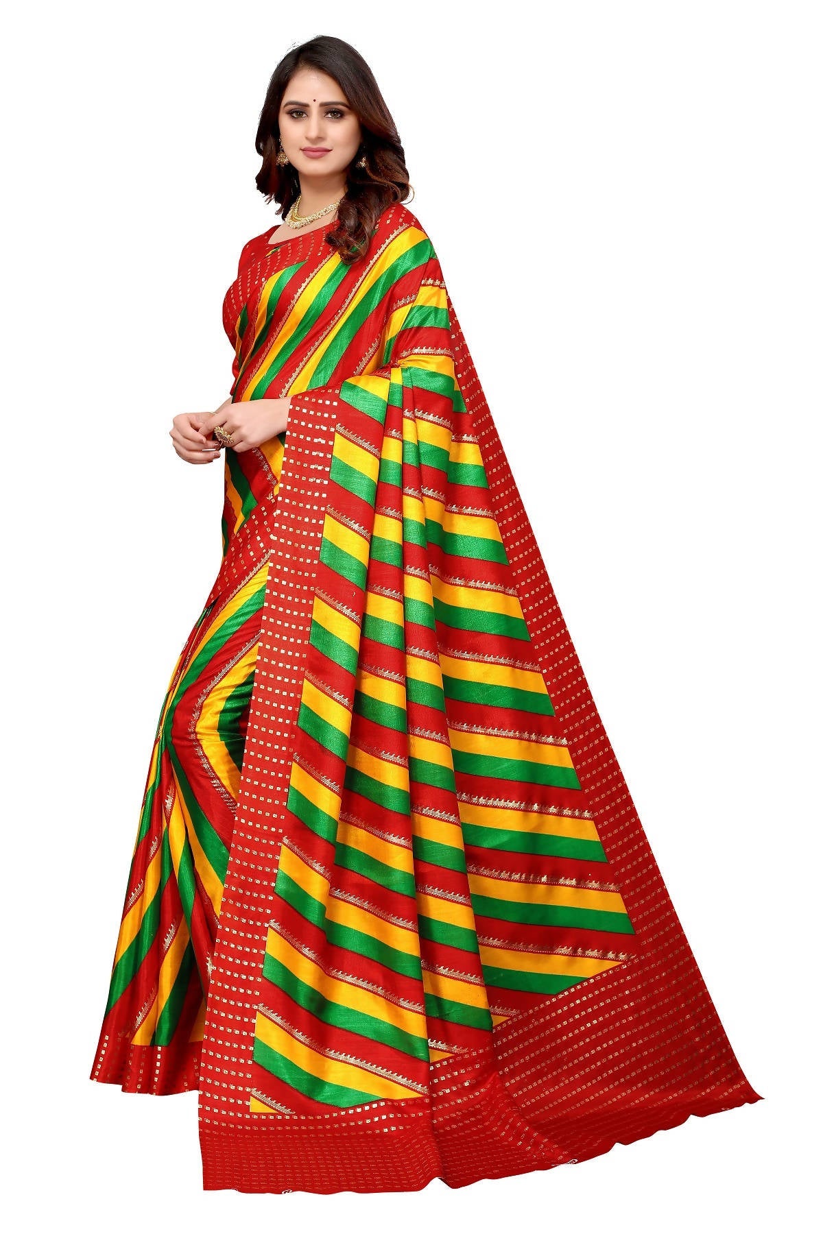 Vamika Ethnic Fire Red Foil Print Art Silk Saree | Grocsy