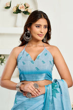 Vastranavya Sea Blue Digital Printed Linen Ready To Wear Designer Saree with Unstitched Blouse | Grocsy