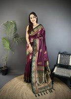 Joban Fashion Maroon Banarasi Soft Silk Peacock Butta Work Saree | Grocsy