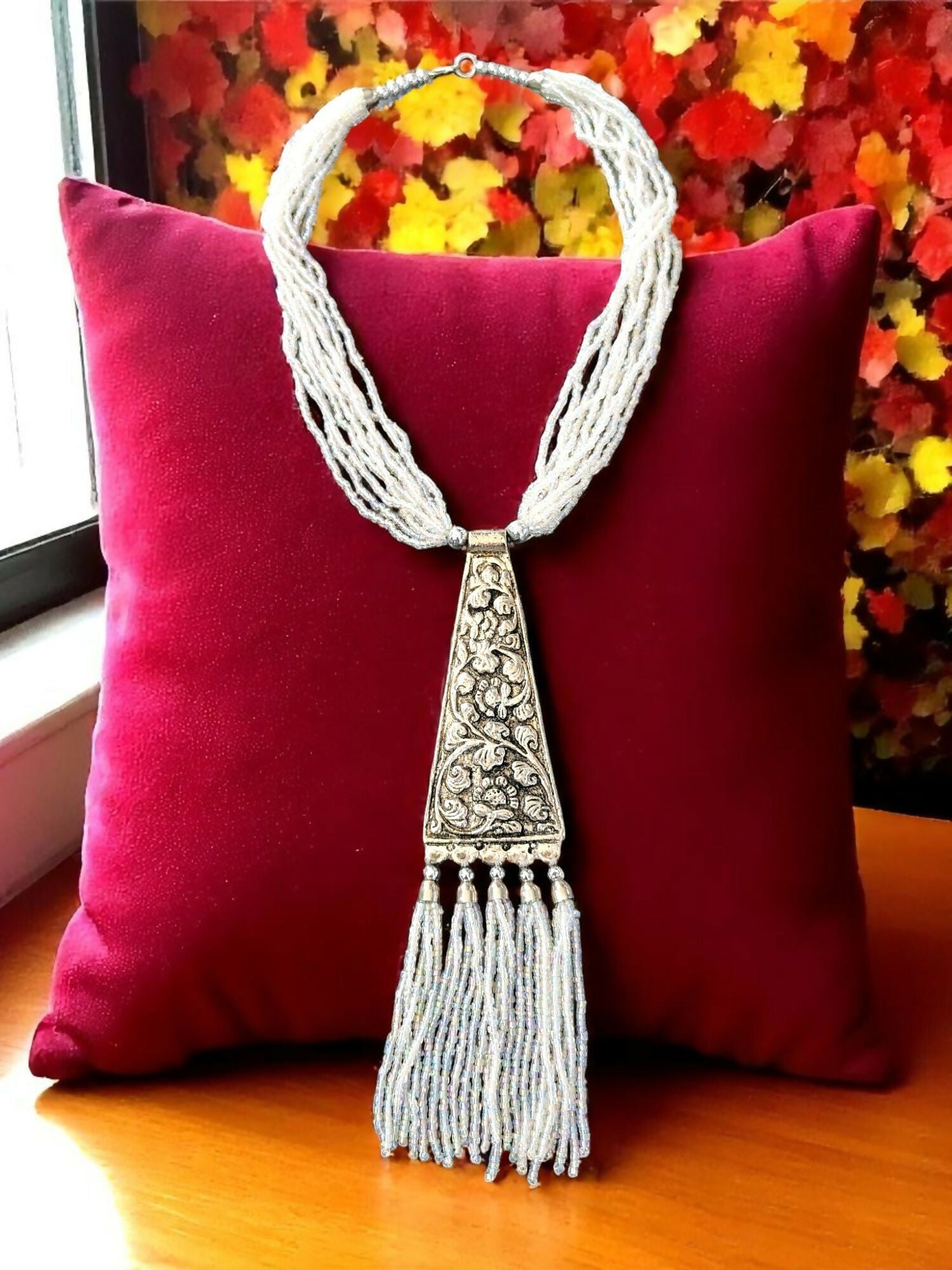 Inhanns Day-To-Dinner Tie Shaped Oxidized Black Metal Multi-Layered Long Necklace Set - White | Grocsy