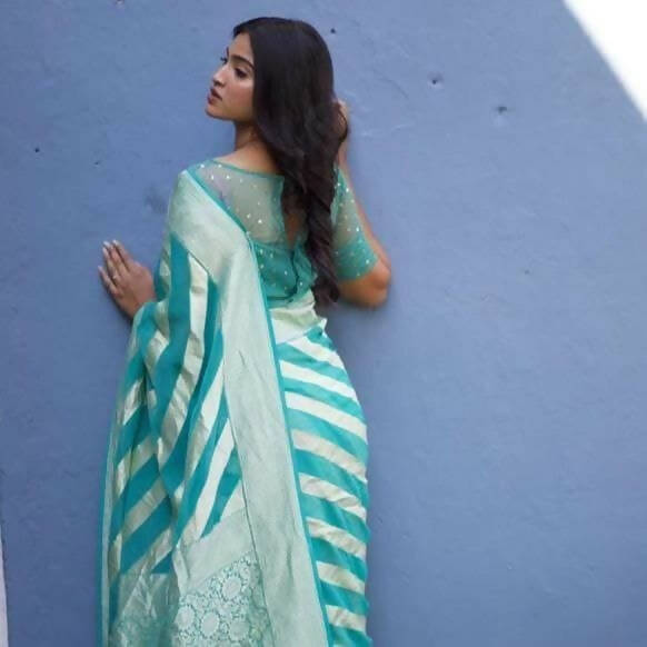 DEIANA'S Beautiful Designer Golden zari Soft Lichi Silk Saree - Sky | Grocsy