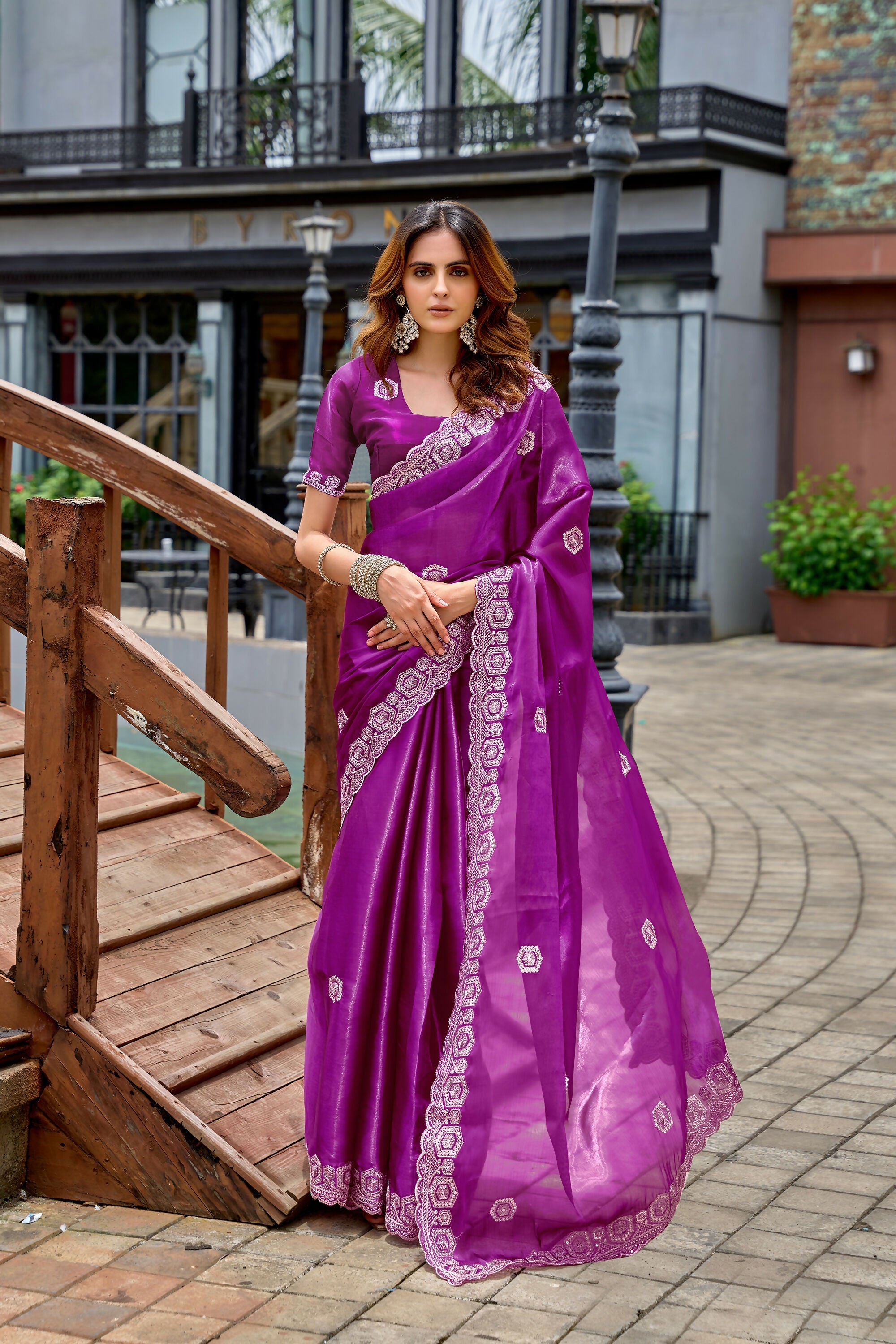 Vastranavya Purple Embroidery Work Shimmer Chiffon Saree with Unstitched Blouse | Grocsy