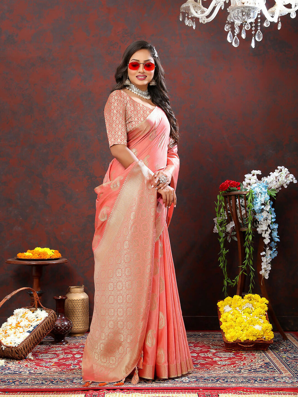 Lorenvalley Fashion Peach Cotton Woven Design with Zari Weaving Design Saree | Grocsy