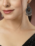 NVR Women's Silver-Plated German Silver Oxidised Chandbali Earrings