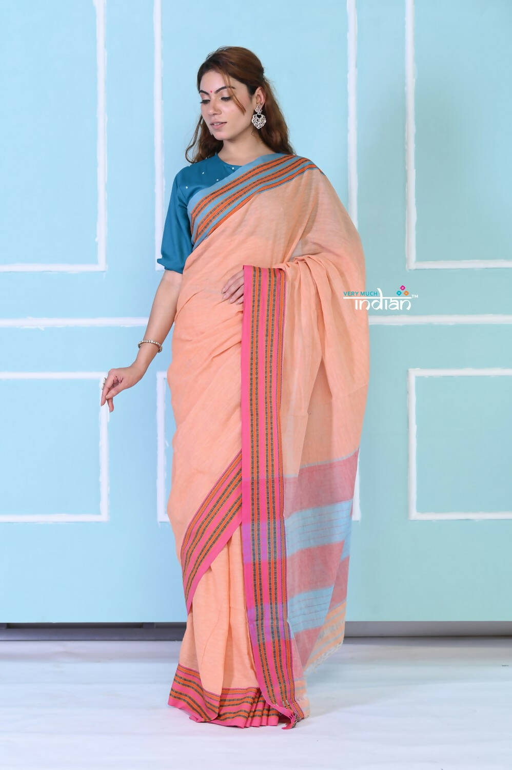Very Much Indian Traditional Patteda Anchu Ilkal Handloom Saree - Peach Tone | Grocsy