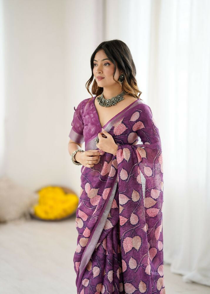 PR Fashion Purple Linen Patta Printed Saree | Grocsy
