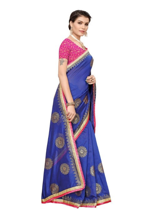 Vamika Chanderi Cotton Foil Print Blue Saree (GOLDEN BIRD BLUE) | Grocsy