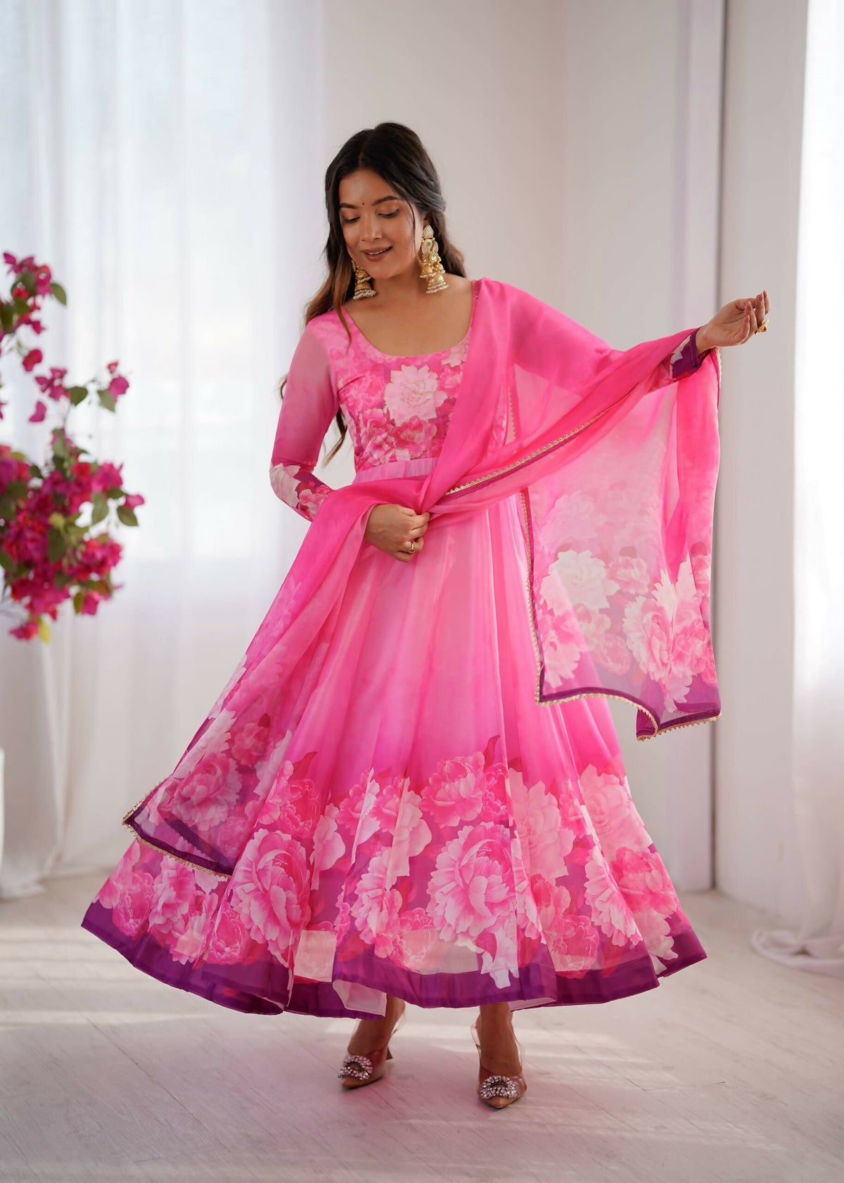 Teeya Creation Womens New Organza Soft Taby Silk Heavy Quality Fabric With Digital Print Pink Gown Set | Grocsy
