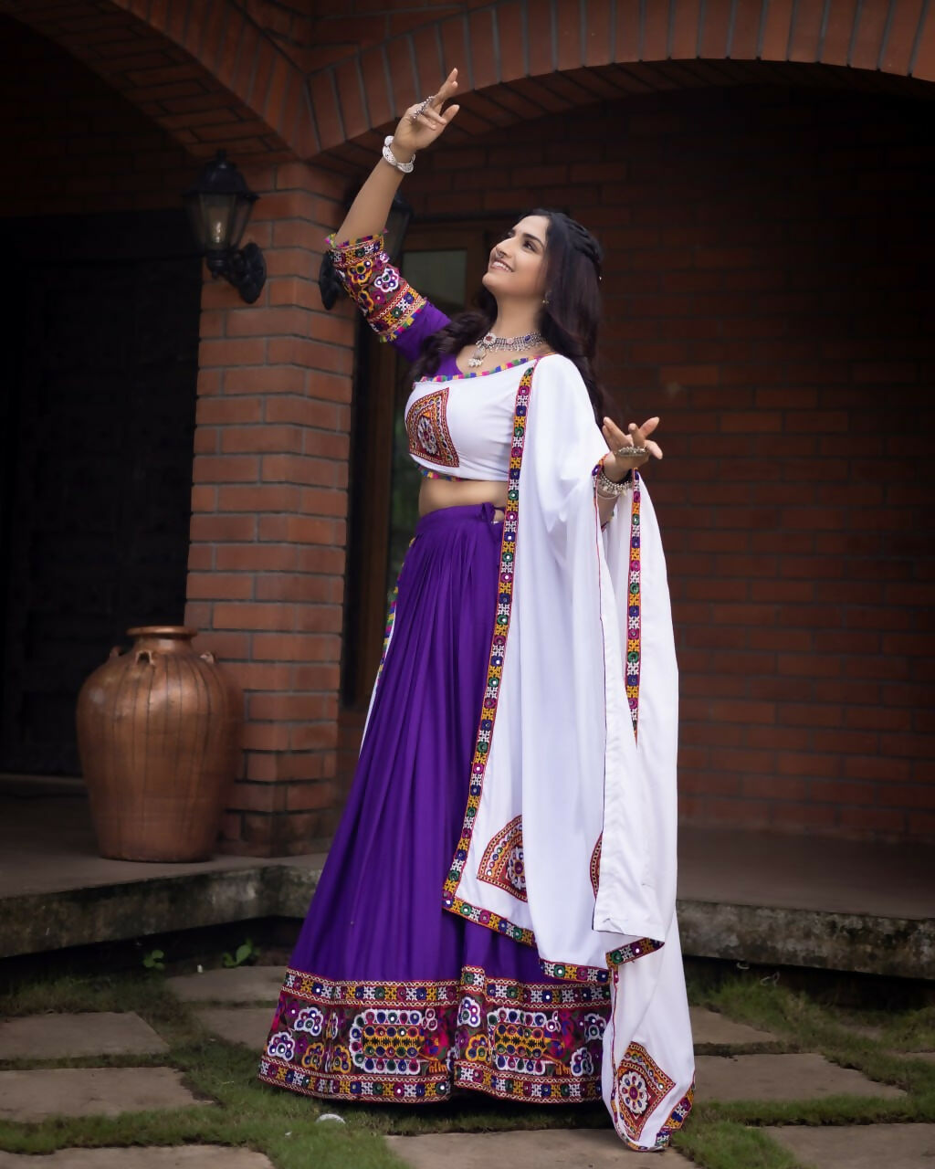 Yash Enterprise Purple White Rayon Cotton Embroidery Semi Stitched Navratri Top Chaniya Choli | Grocsy