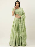 House of Panchhi Pista Green Pure Georgette Embroidered Lehenga & Blouse, Dupatta | Grocsy