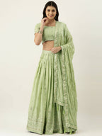 House of Panchhi Pista Green Pure Georgette Embroidered Lehenga & Blouse, Dupatta | Grocsy