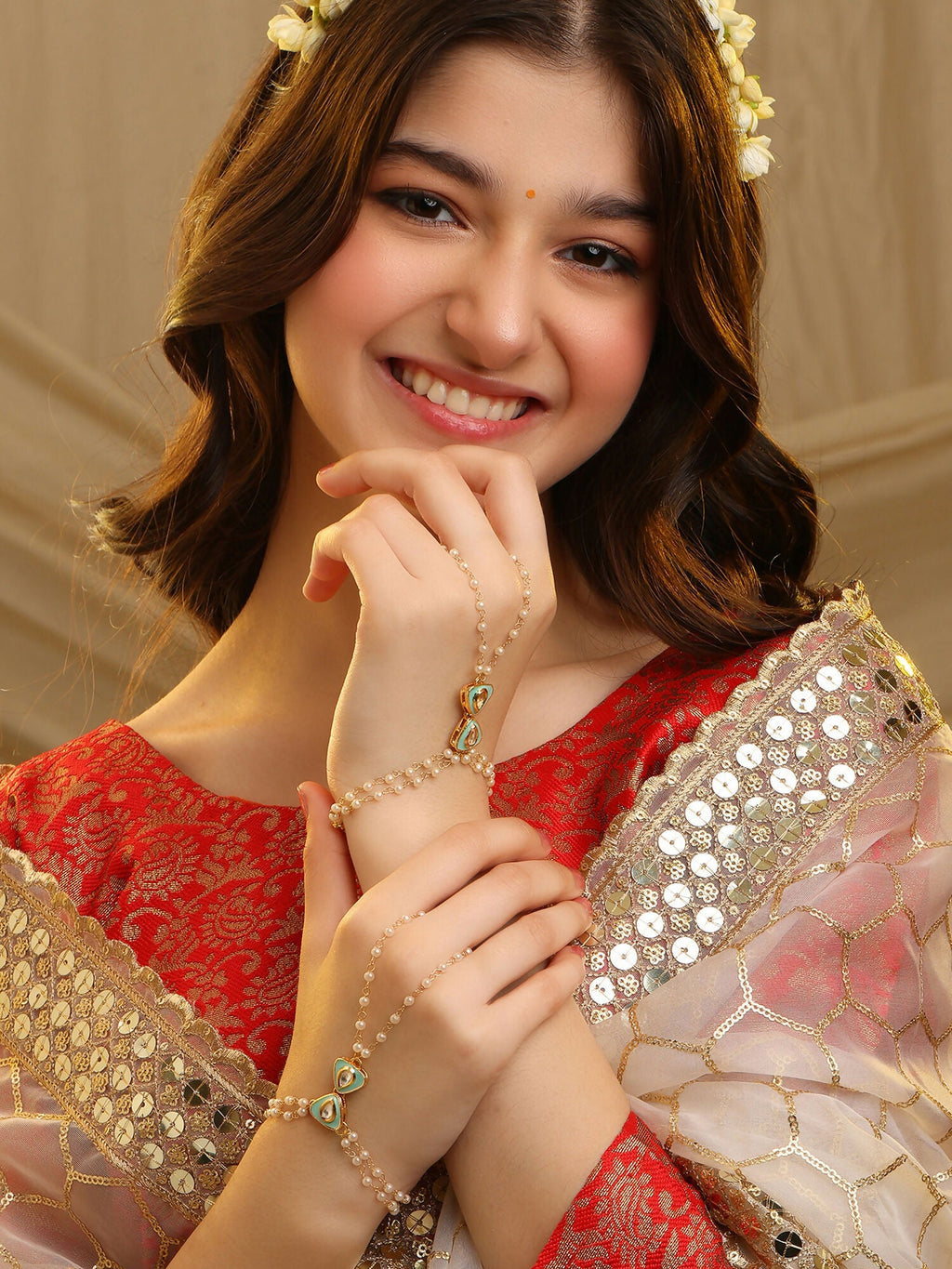 Ruby Raang Saanjh Pearl Hand Jewelry | Grocsy
