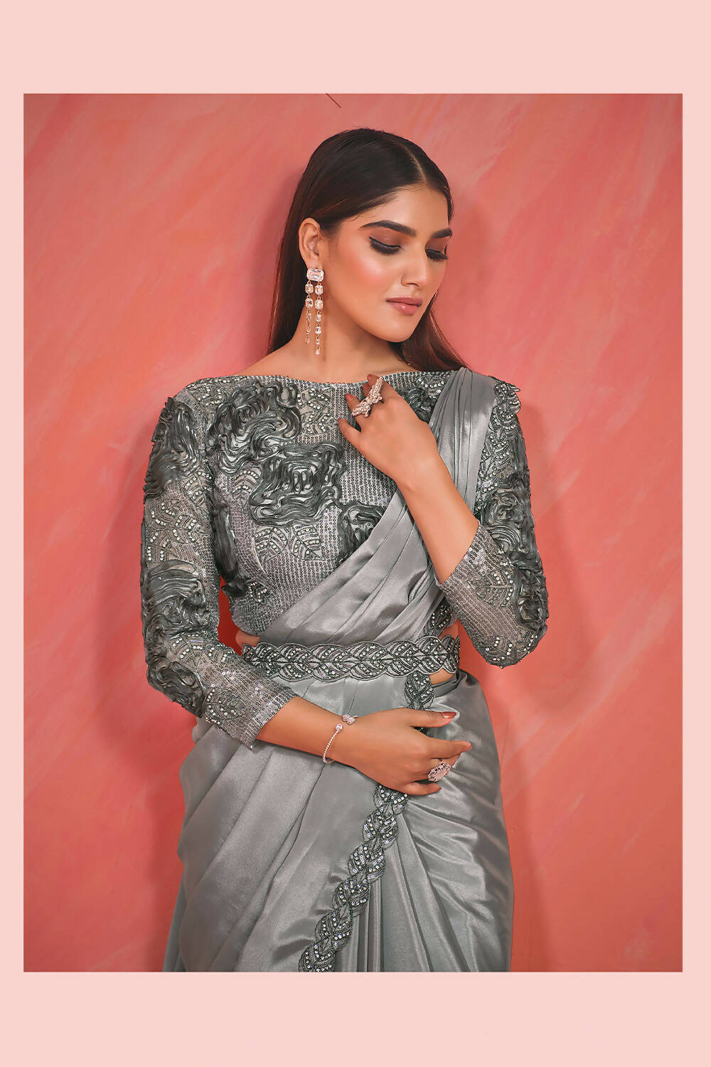 Silver Grey Crepe Silk Satin Cord & Sequence Embroidery with Thread & Stone Work Saree With Stitched Blouse - Mohmanthan Elegancia | Grocsy