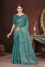 Vastranavya Teal Jimmy Choo Silk 3mm Sequence work with Cross Stitch Embroidery work & Cutwork Border Saree | Grocsy
