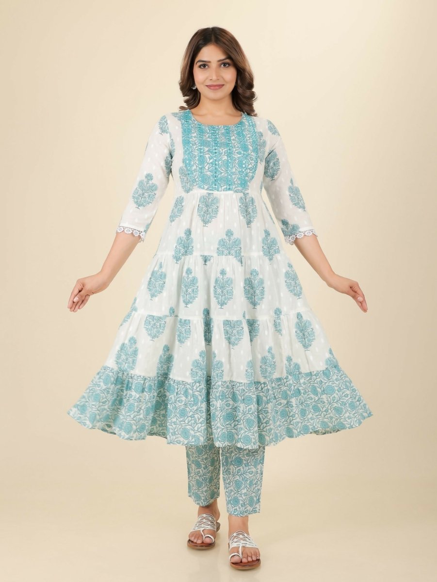 Aramya White Soft Cotton Block Print Anarkali Kurta Set for Women | Grocsy