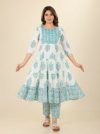 Aramya White Soft Cotton Block Print Anarkali Kurta Set for Women | Grocsy