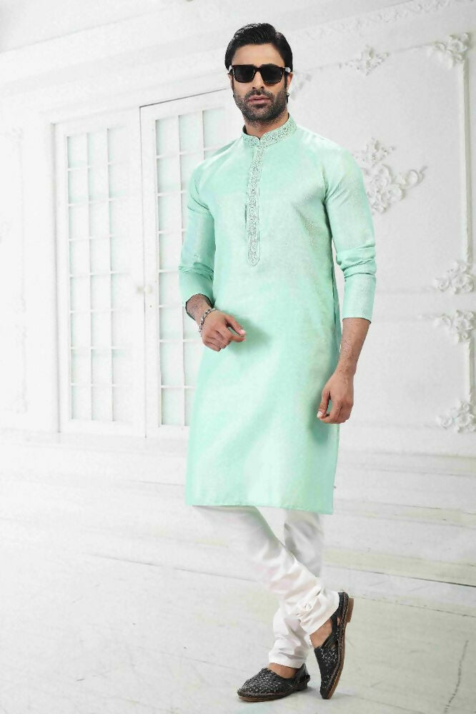 Raivat Ethnic Linen Cotton Thread Work Kurta Pajama In Pista Green Colour | Grocsy